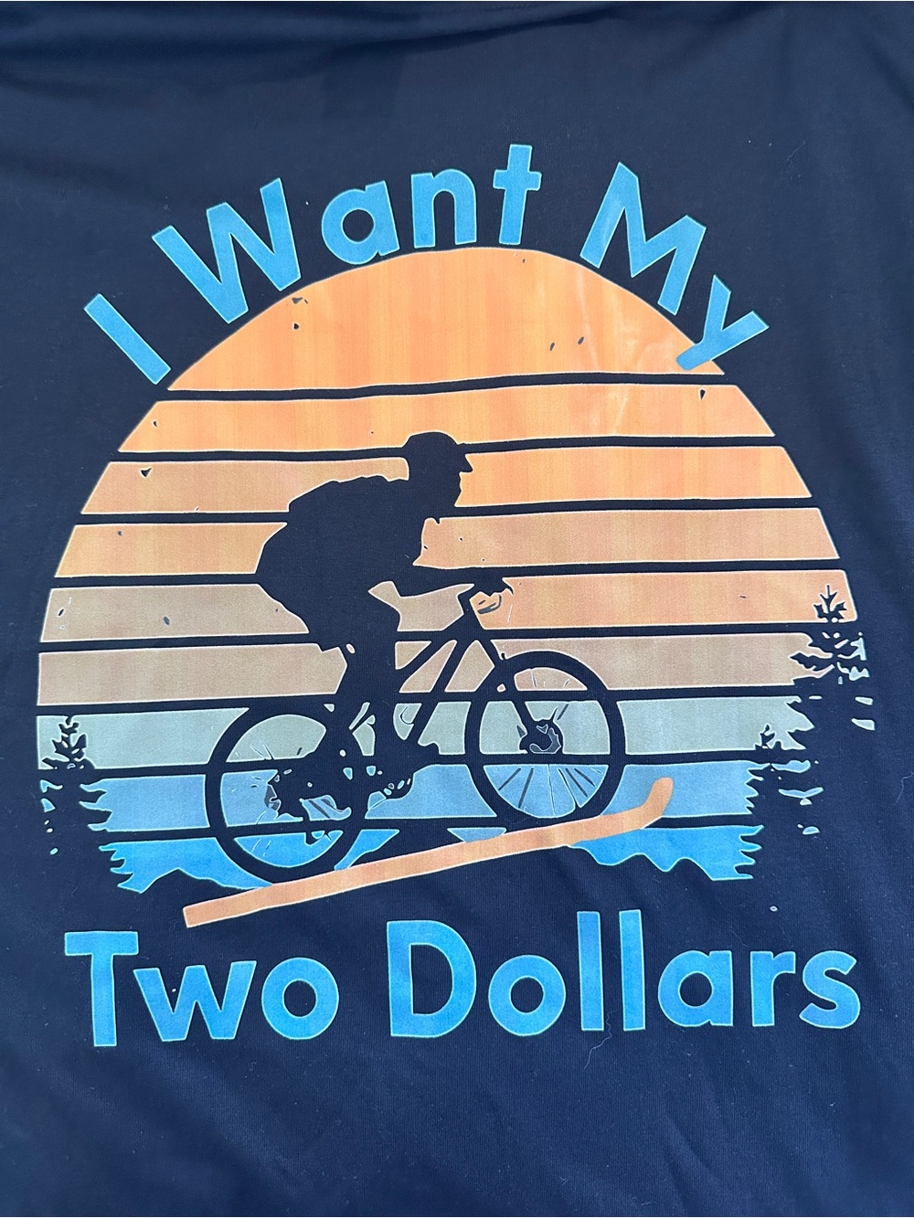 Graphic Tee "I Want My Two Dollars" - Black with Sunset Bicycle Print Tshirt